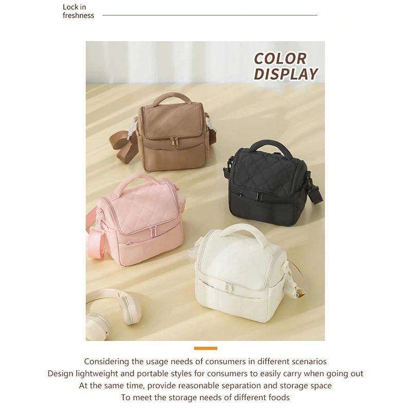 Pink Quilted Insulated Lunch Bag With Removable Strap Padded Handle For Work School Picnics