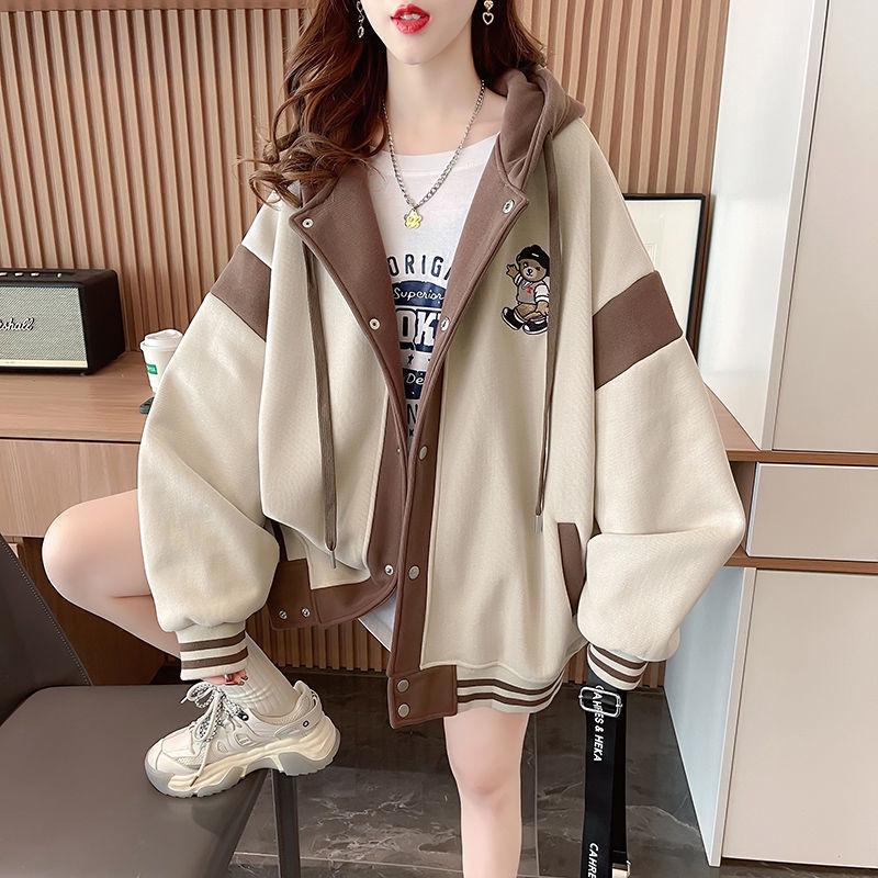 Women's Fleece-Lined Hooded Sweatshirt: Autumn/Winter Loose Fit Korean-Style Baseball Jacket