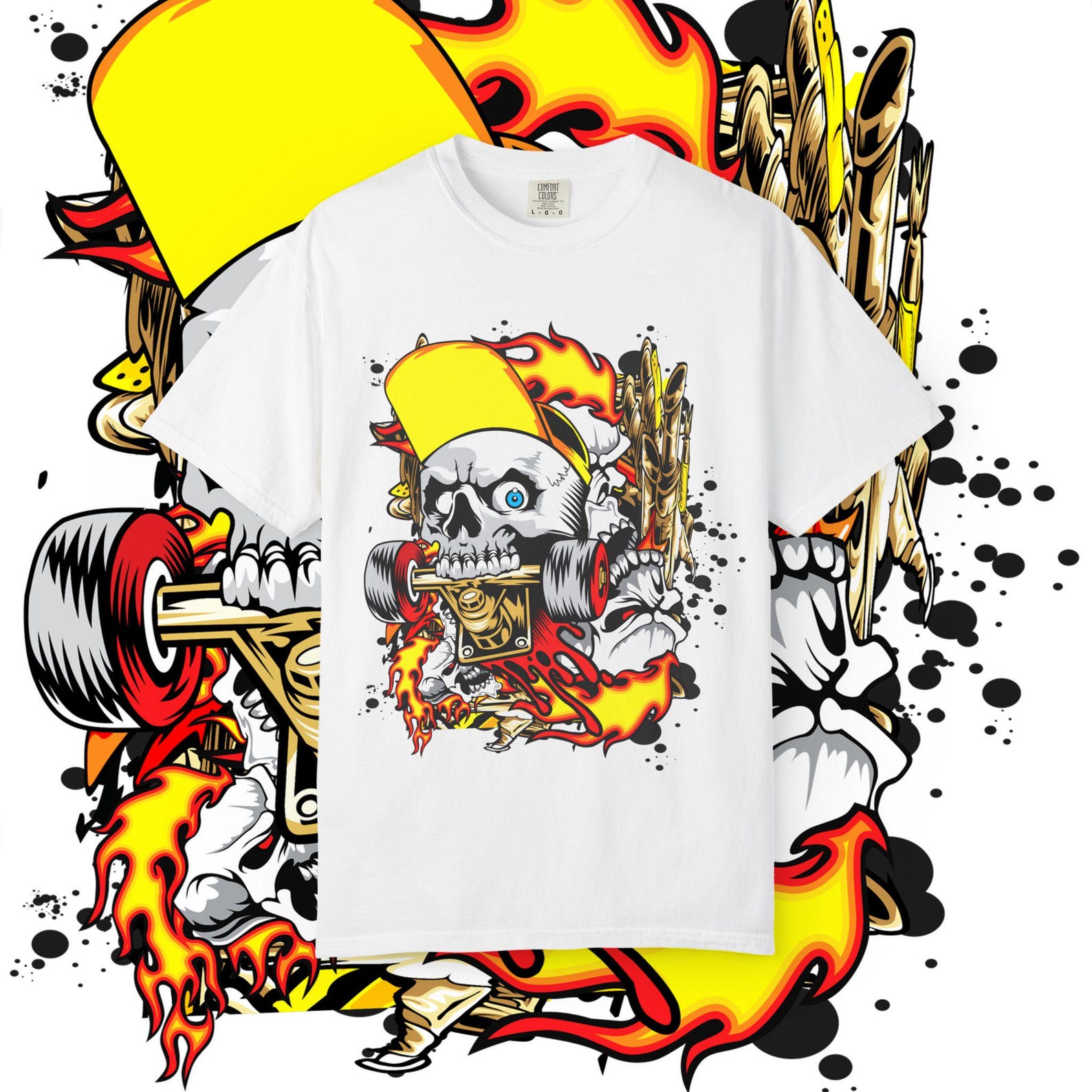 Skull Skateboard Rider T-Shirt | Flame, Yellow Cap, Grunge Streetwear 2XL