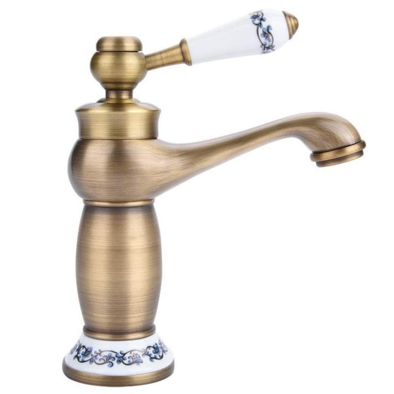 

Винтажный старинный латунный смеситель с синим и белым фарфором, смеситель с длинным горлышком для ванной комнаты/кухни, раковина для холодной и горячей воды (Античная отделка)