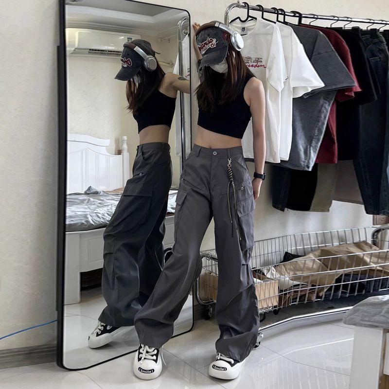 Spring Summer American Style Cargo Pants for Women Loose Hot Girl Inspired Retro Micro Flared Straight Leg Casual Long Trousers