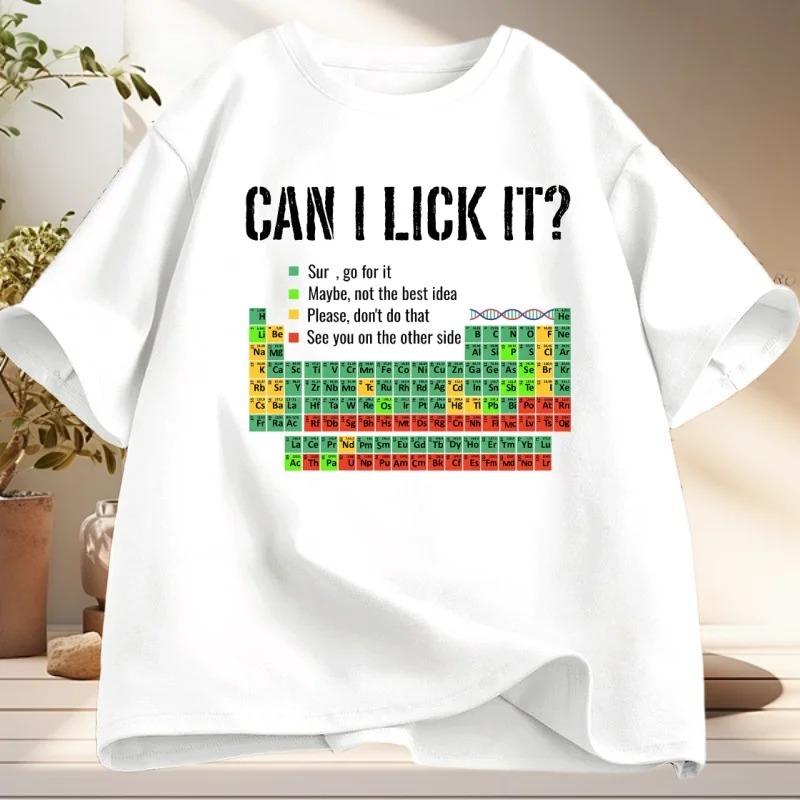 Oversized Short-Sleeve T-Shirt Featuring Humorous "CAN I LICK IT?" Typography, a Color-Coded Periodic Table of Elements with Safety Level Annotations