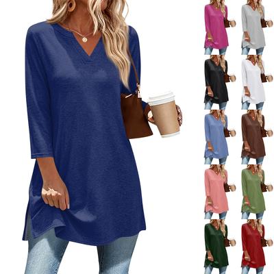 Damen Freizeit V-Ausschnitt 3/4 Ärmel Pullover Tunika Oberteil Mittellang Einfarbige Bequeme Passform Leichter Stoff