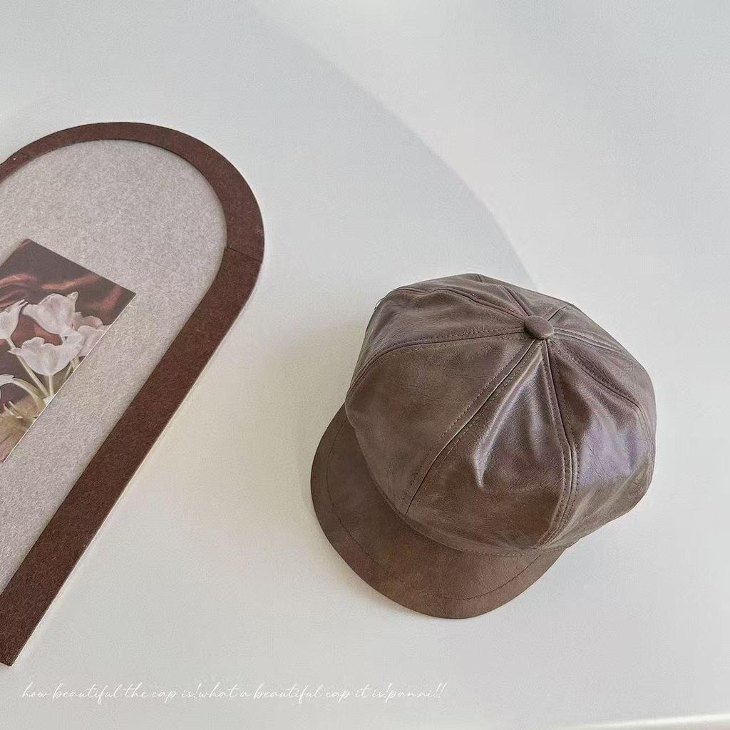 Children's PU Leather Korean Style Octagonal Beret - Unisex Retro Fashion for Autumn and Winter