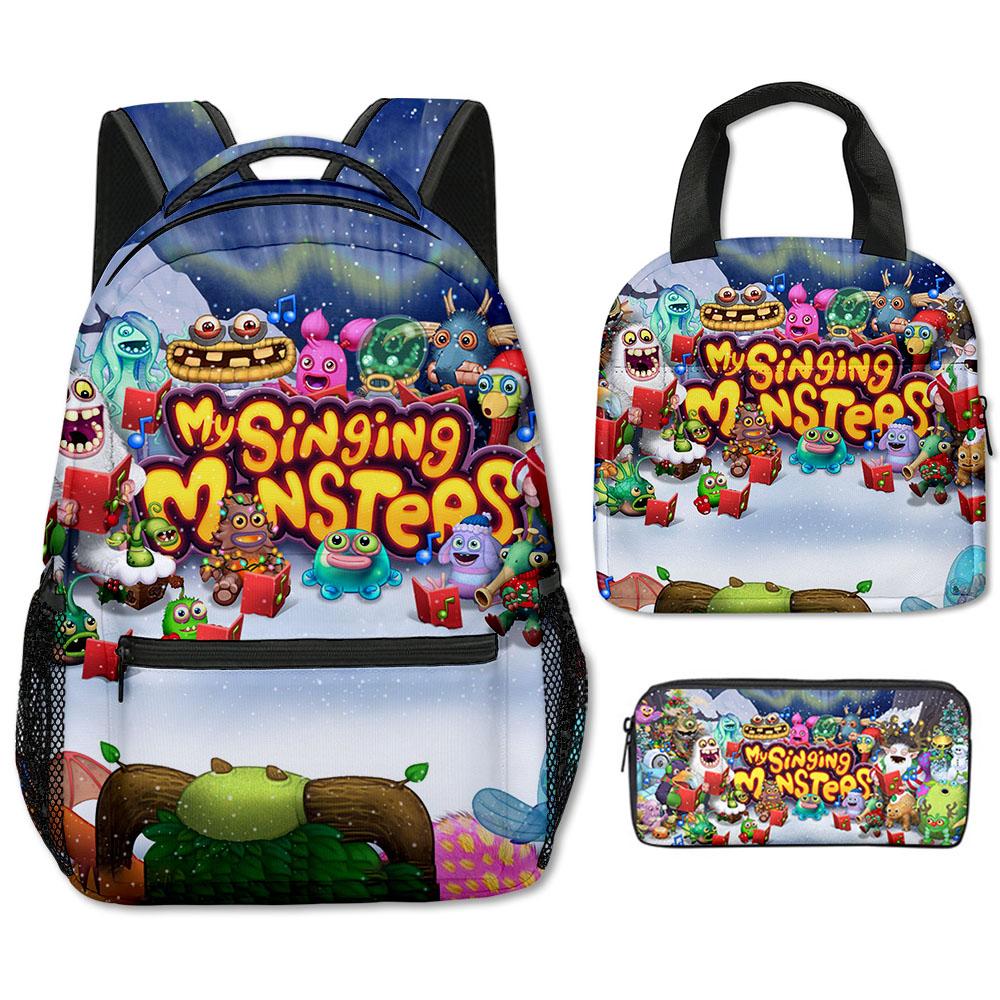 Classic Popular my singing monsters 3D Printed 3pcs/Set School Bags Travel Notebook Backpack portable Lunch bag Pencil Case