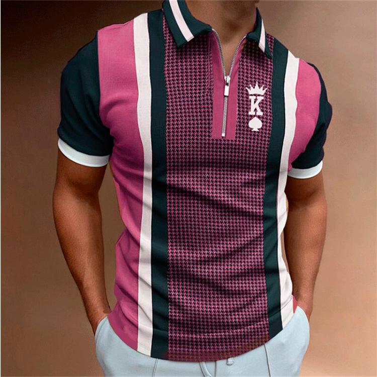 Spring and Summer Men's Short Sleeved Polo Shirt Casual Striped Checkered Printed Zipper Pullover