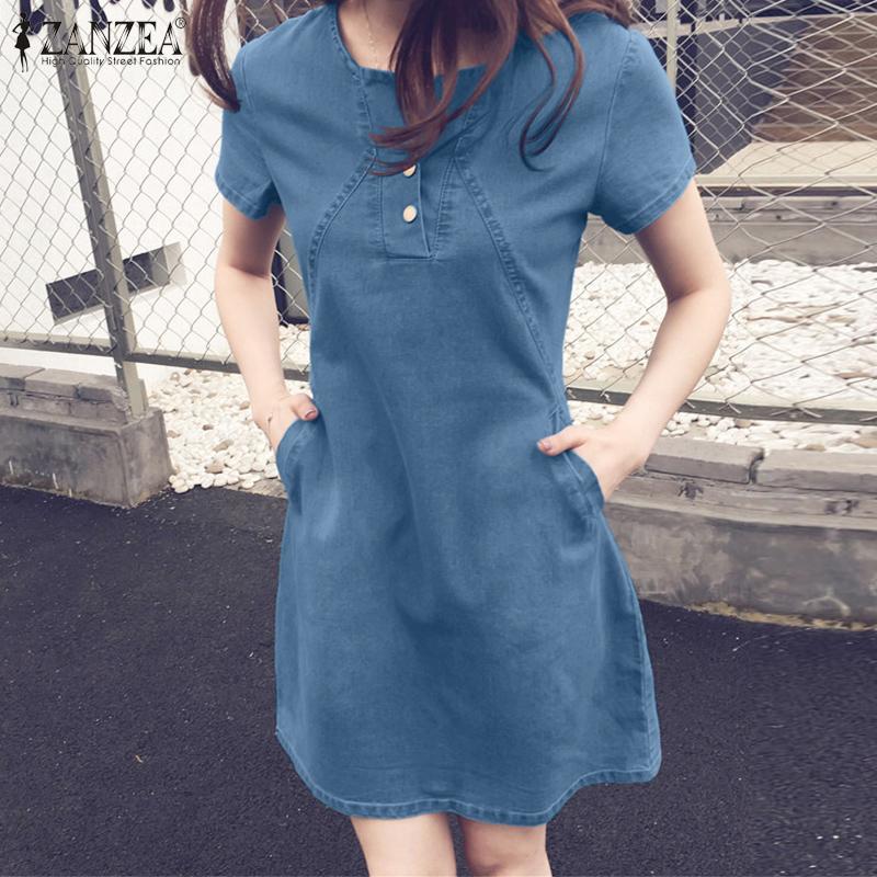 

ZANZEA Женское повседневное синее джинсовое летнее платье с v-образным вырезом и короткими рукавами