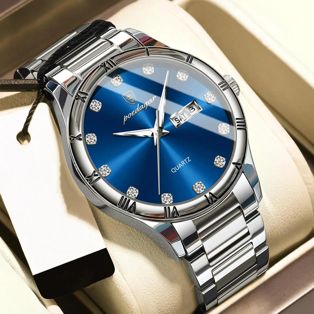 POEDAGAR Luxury Men's Quartz Watch Date Week Waterproof Luminous Man Watch Stainless Steel Casual Fashion Watches For Men