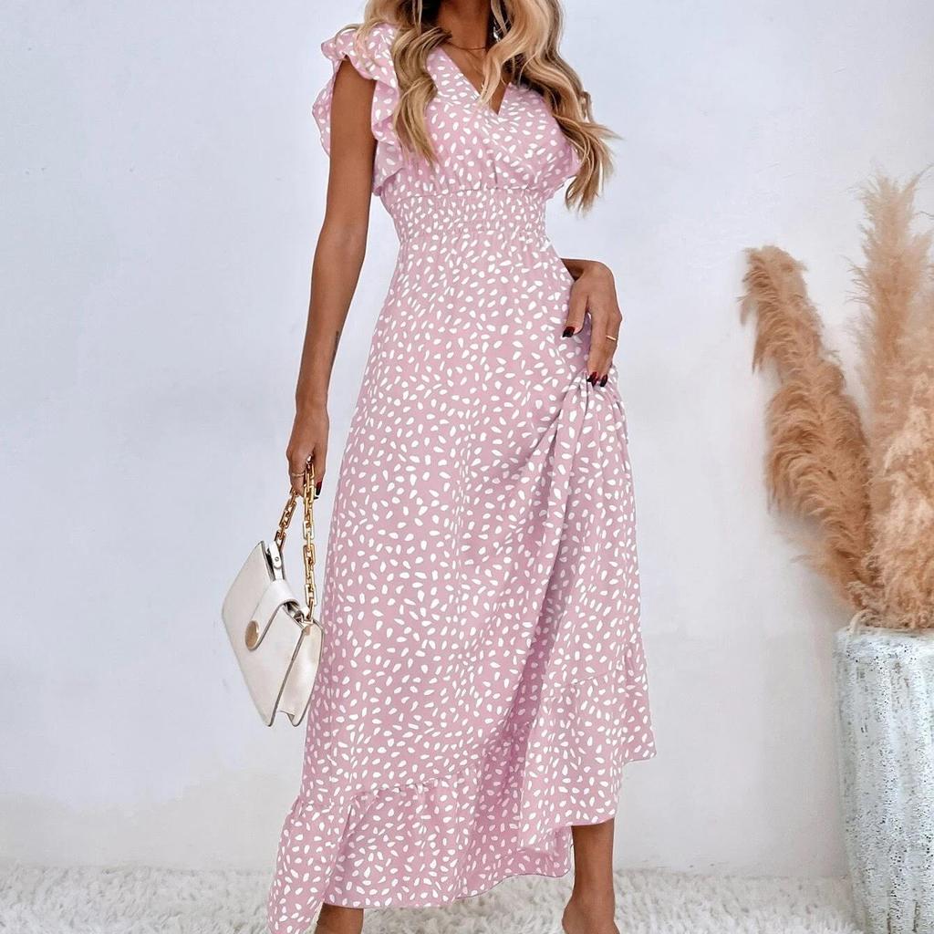 QICED Damen Frühlings- und Sommer-V-Ausschnitt Taille Voller Rock Rüschen Elegant Kleid Damen