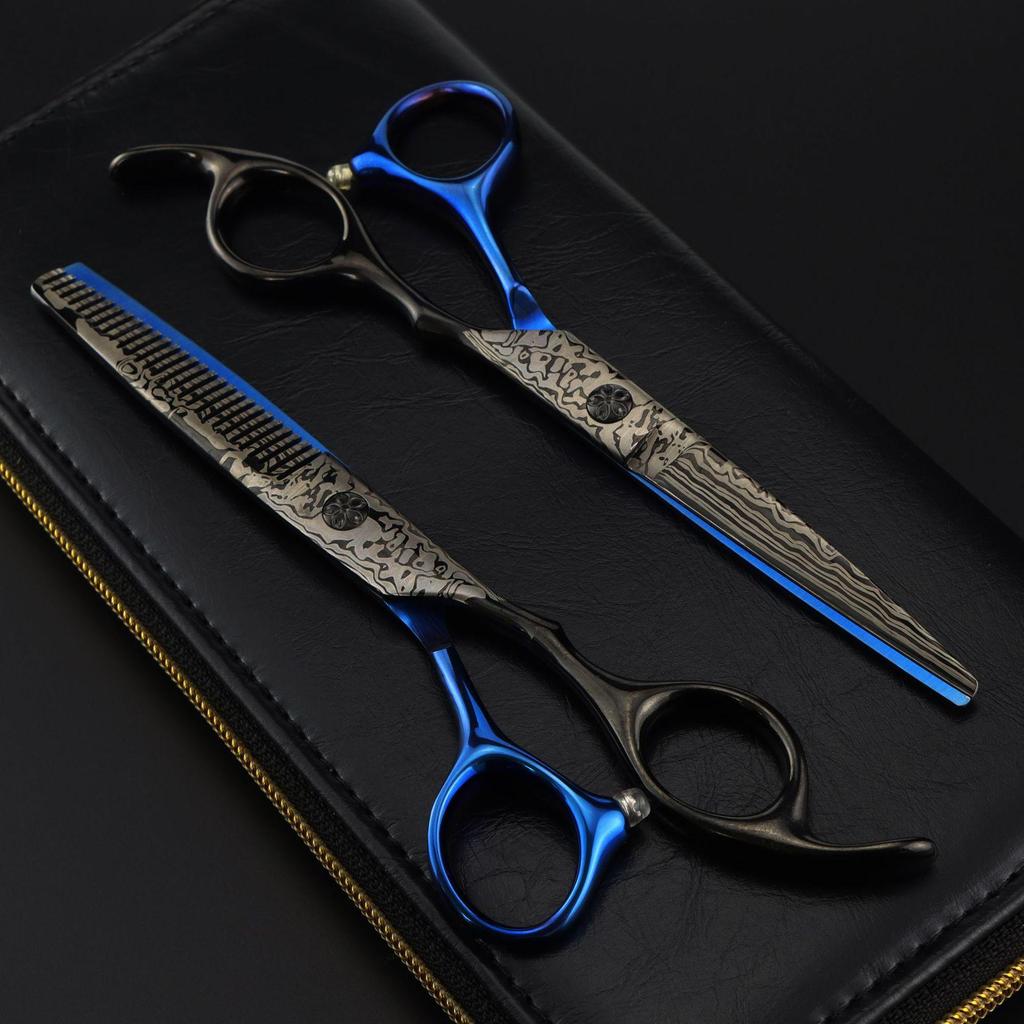 6.0-Inch Black Blue Damascus Barber Scissors & Thinning Shears for Hairdressing