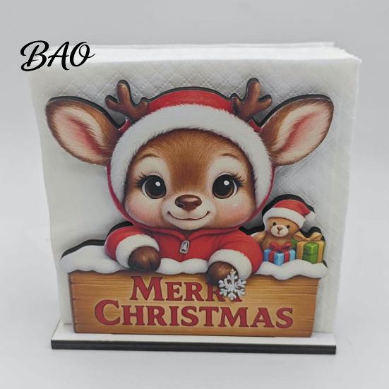 Rustic Farmhouse Napkin Holder Wooden Christmas Holder, Gingerbread Man And Deer Design, Holiday Party Countertop Organizer Decorative Vertical Paper