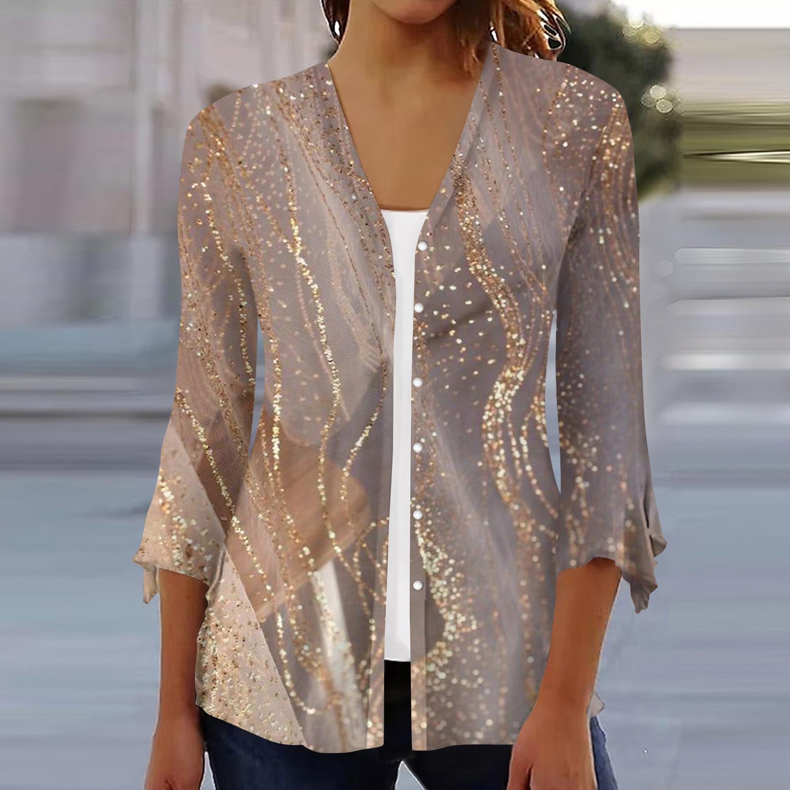 

Женская рубашка, блузка, верхняя одежда с принтом, рукав 3/4, повседневные праздничные базовые топы на пуговицах XXXL золотой