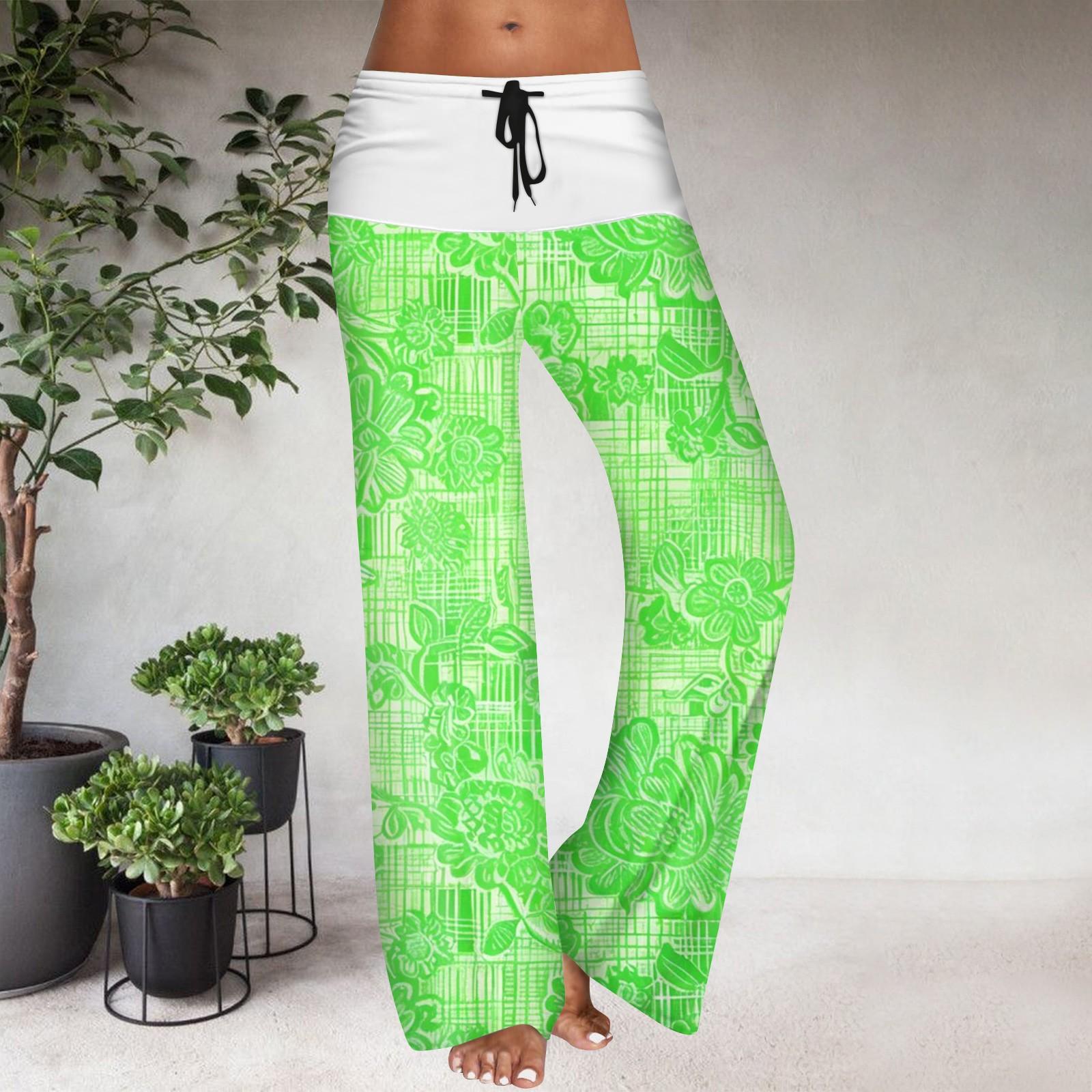 

Women s Drawstring Elastic Waistband Wide Leg Color Matching Floral Printed Casual Pants XL зелений