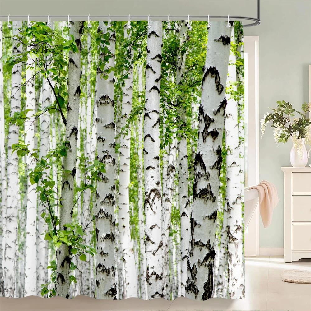 

Березовый лес Деревья Занавеска для душа Принты натурального пейзажа Ткань Водонепроницаемый полиэстер Занавески для ванной комнаты Декор с крючками W180xH240cm