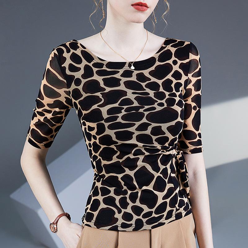 Damen Leopardenmuster Mesh Top mit halblangen Ärmeln und Taillengürtel - Sommer 2024 Kollektion