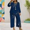 Women Plus Size Dark Navy Printed Two Piece Set Round Neck Long Sleeve Top Wide Leg Cropped Pants