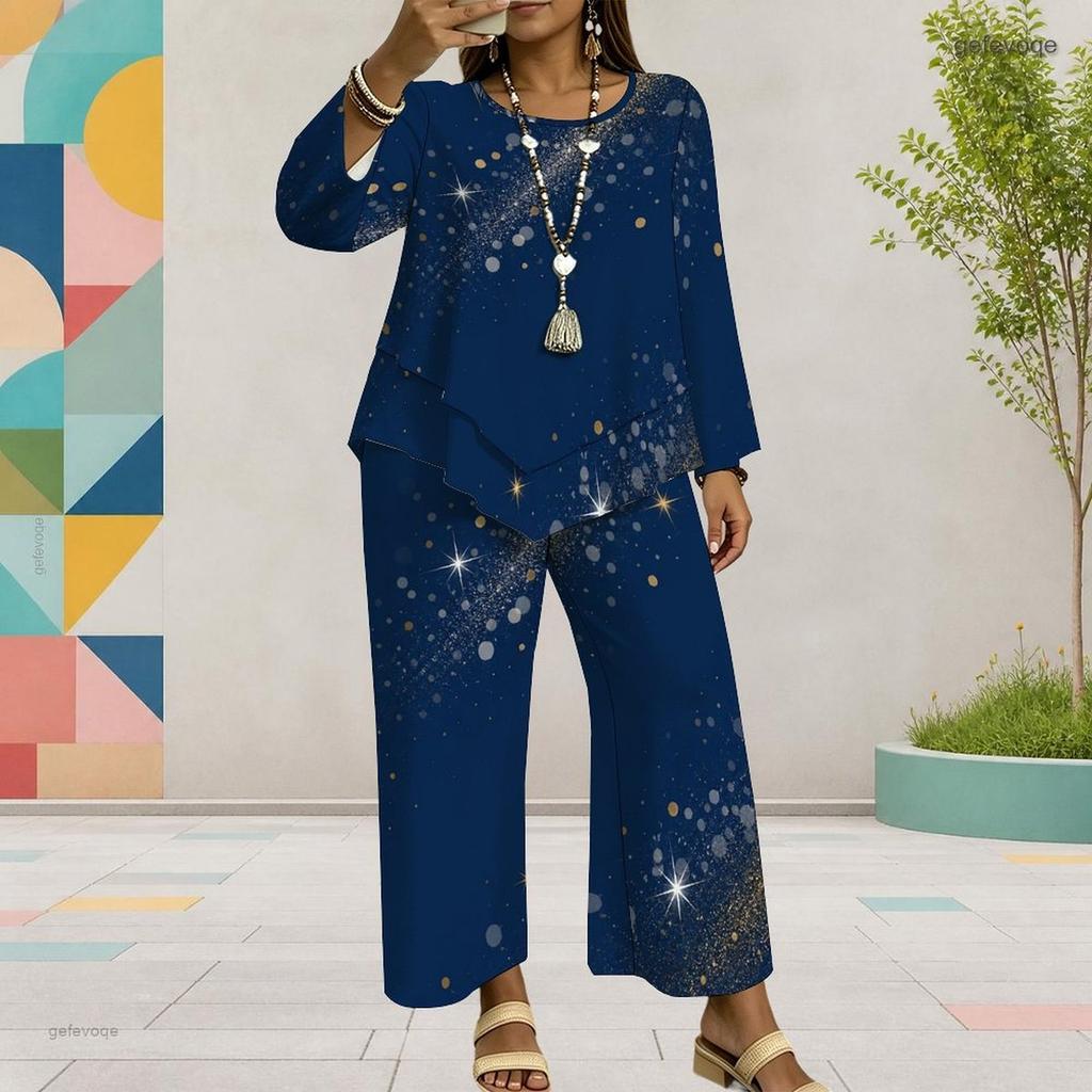 Women Plus Size Dark Navy Printed Two Piece Set Round Neck Long Sleeve Top Wide Leg Cropped Pants