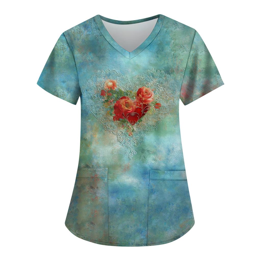 Women's Fashion Printed Short Sleeve V Neck Pattern Tops Pocket Working T-shirts
