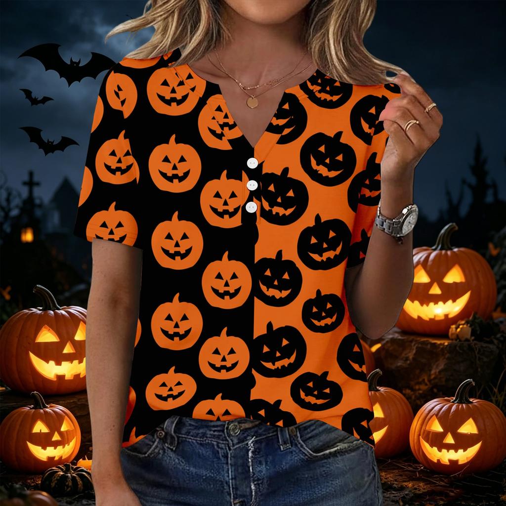 Womens Halloween Print V Neck Short Sleeve Button T Shirt Casual Fashion Top Lightweight Comfortable Fit