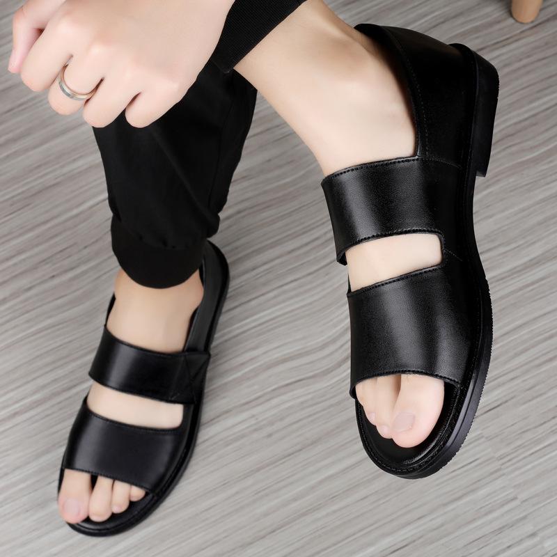 Men's Black Leather Breathable Outdoor Driving Sandals