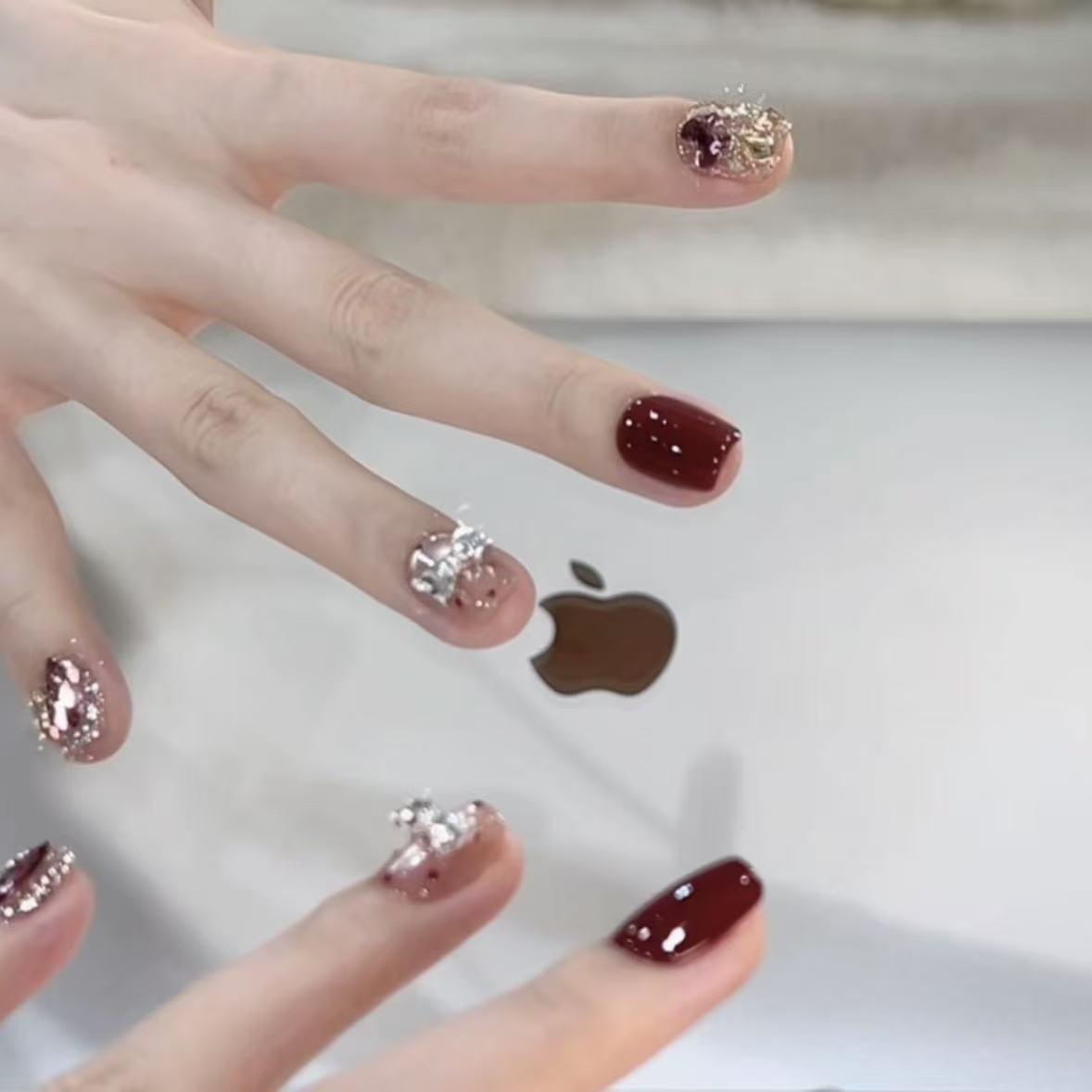 Luxury Wine Red Diamond-Embellished Handmade Wearable Nails