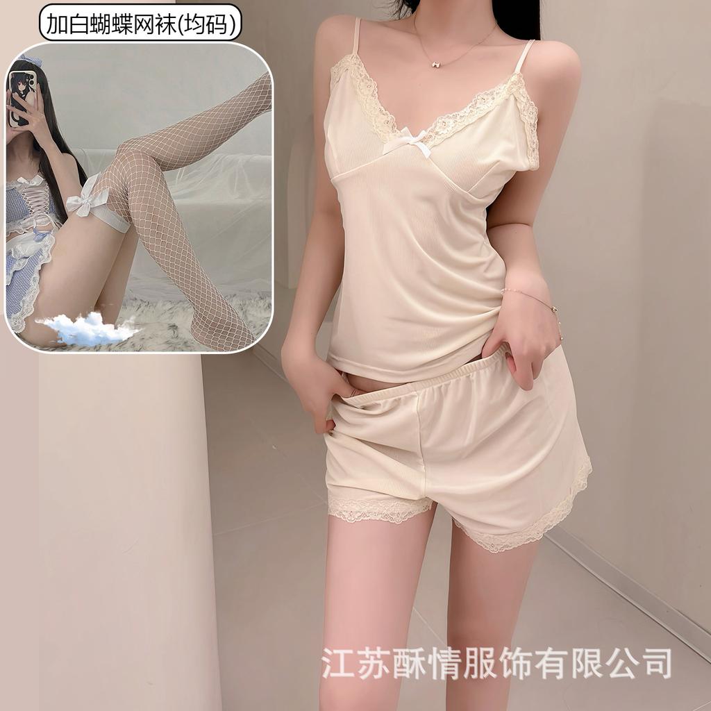 Crispy pajamas women's spring and summer girls' pure desire suspender shorts lace flower sexy pink loungewear set