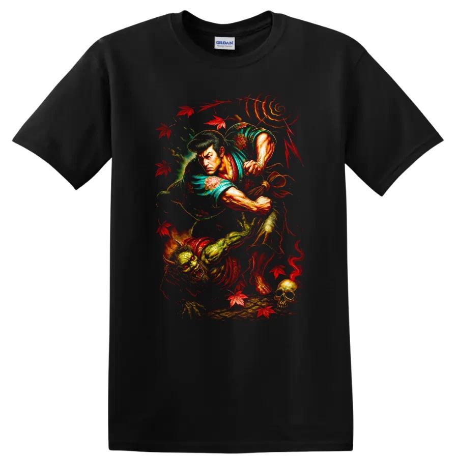 Japanese Style Warrior Fighting Demon T Shirt Graphic Tee Red Leaves