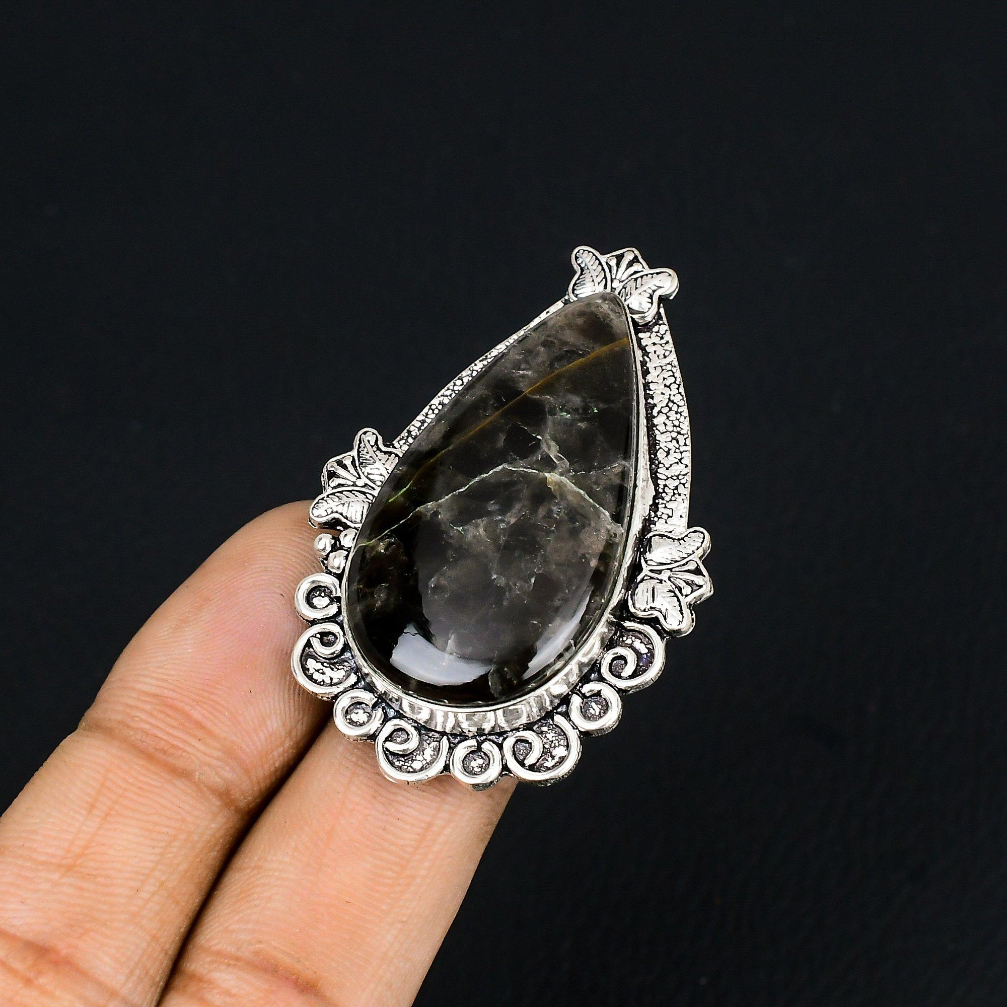 Natural Fume Agate Gemstone Promise Black Ring Size 8.5 925 Sterling Silver 8.5