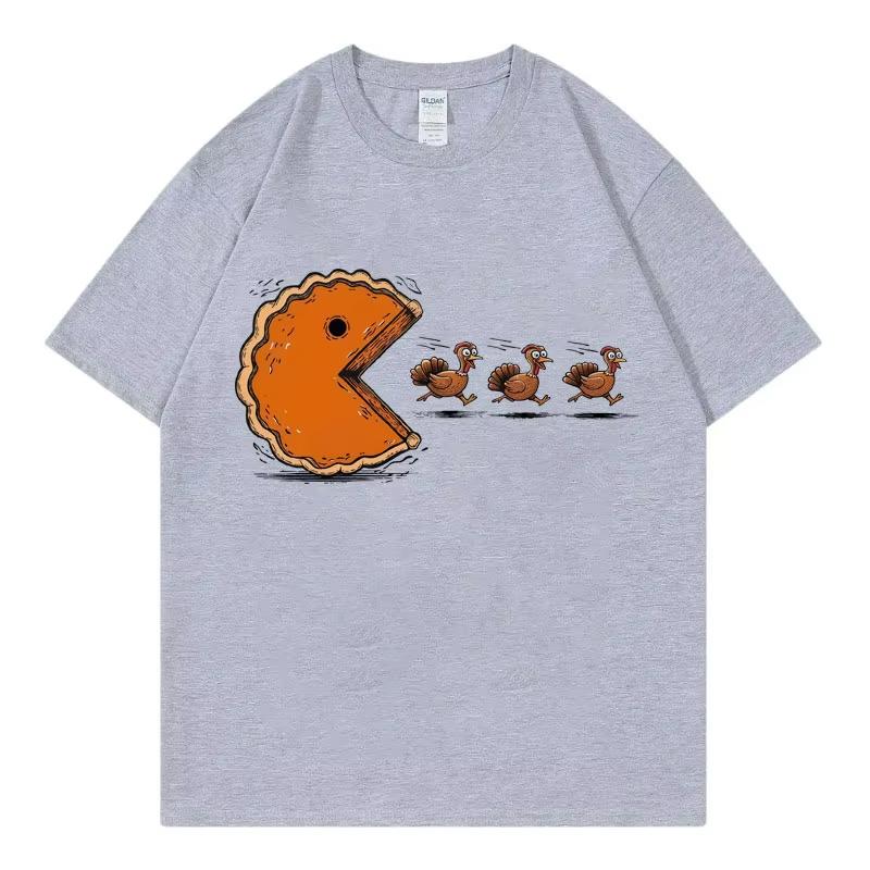 Funny Pumpkin Pie Chasing Turkey Print T Shirt Men Women High Quality Fashion Short Sleeve T-shirt Casual Cotton T-shirts