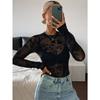 Lente Zomer Nieuw Dames Doorzichtig Sexy Slim Fit Lange Mouw Bedrukt Kant T-shirt