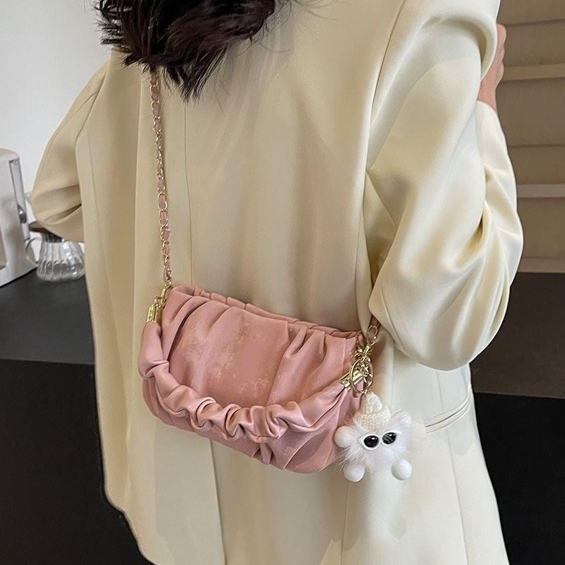 Stylish Small Crossbody Bag For Women With Trendy Chain Detail And Soft Fabric In Black Beige Pink Or Gray