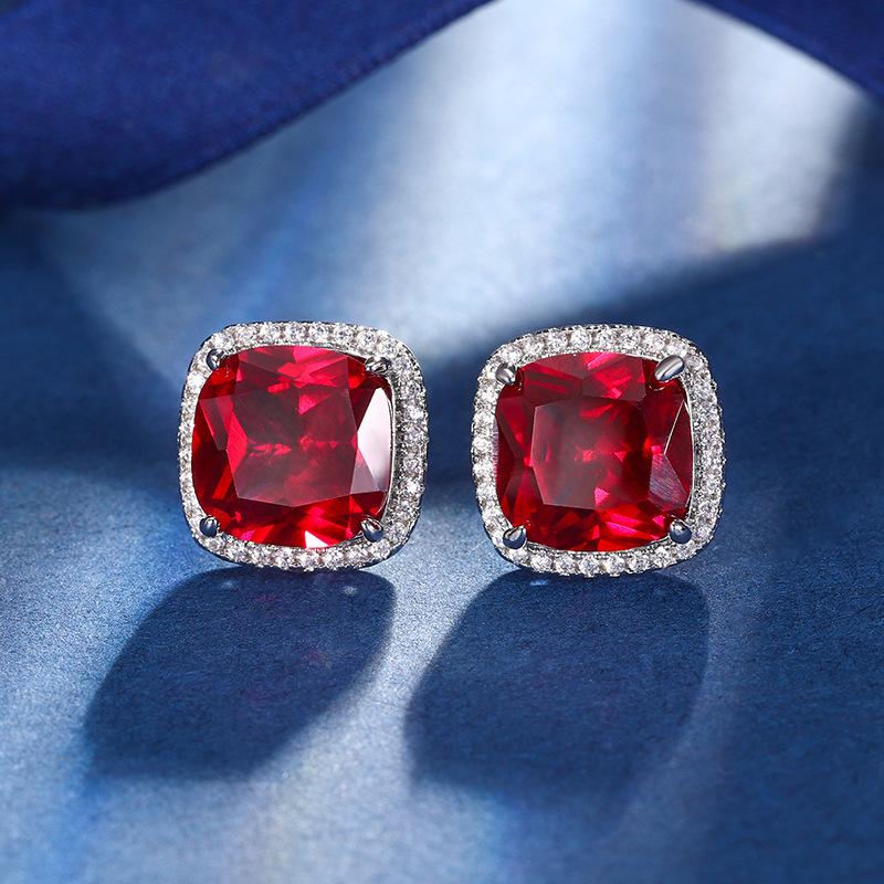 Jewelry Copper Bottom Gold-Plated Retro Simulation Red Corundum Color Treasure Fat Square Corner Stud Earrings Main Stone 10 * 1