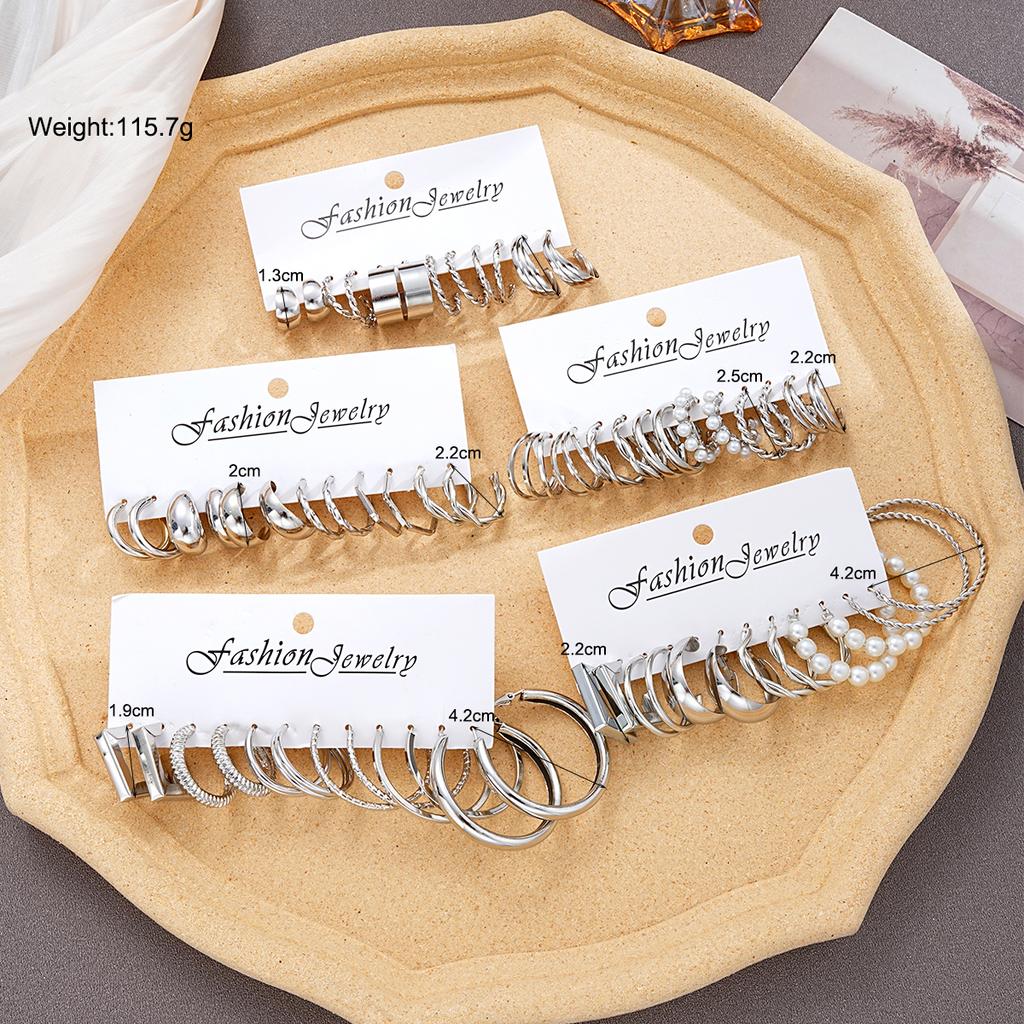 60 Stück/Set Modische Ohrringe Für Damen Boho Vintage Silberfarbe Geometrisches Design Perle Strass Steckerohrringe Schmuck Geschenke Neu