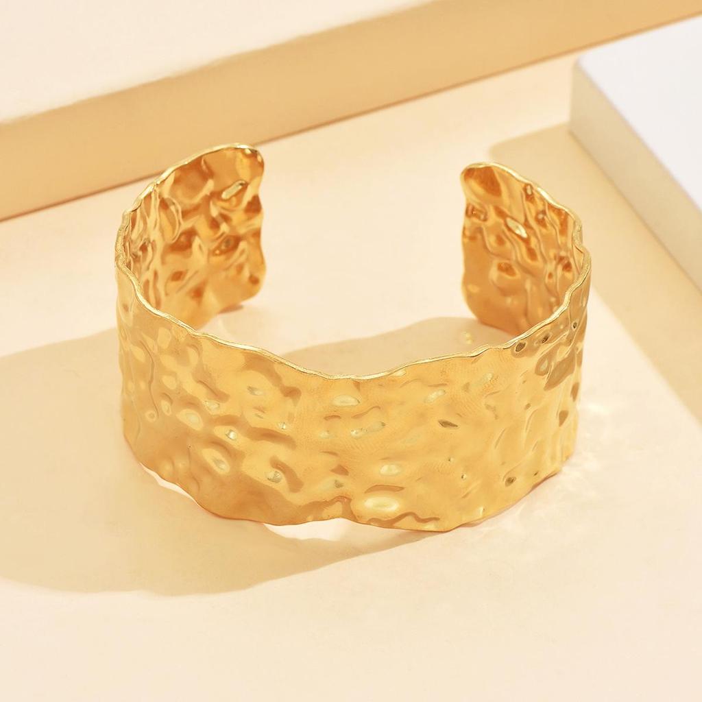 Women's Wide Hammered Texture C-Shaped Stainless Steel Bangle Bracelet