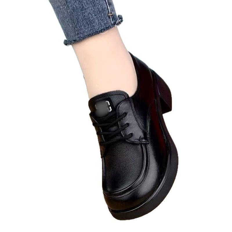 Soft leather thick heel loafers women's new British style lace-up small leather shoes autumn versatile soft sole casual mother shoes