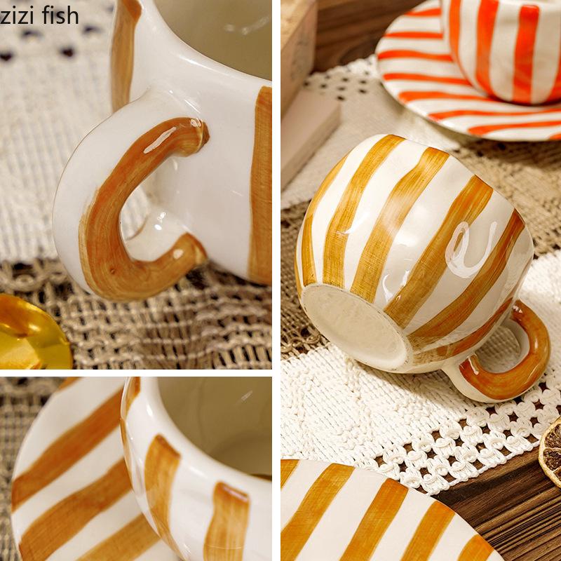 Hand Drawn Striped Ceramic Mug Coffee Cup and Saucer Afternoon Tea Cups Breakfast Cup Water Cups Milk Mug Drinkware Juice Mugs