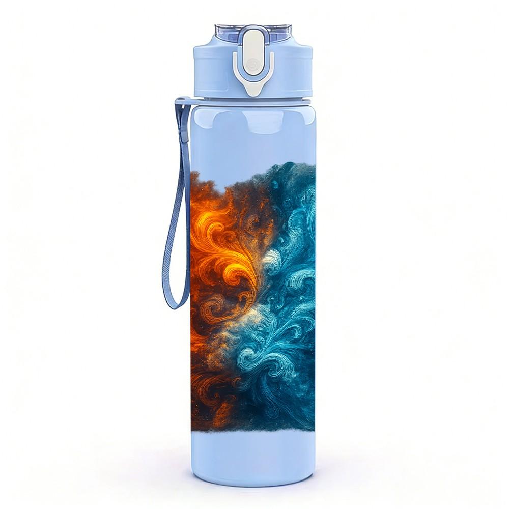 1PC Orange Blue Fire Swirl Texture Print 750ml Color Plastic Sports Water Bottle Leakproof Flip Straw Lid Suitable for Sports Office Home Use