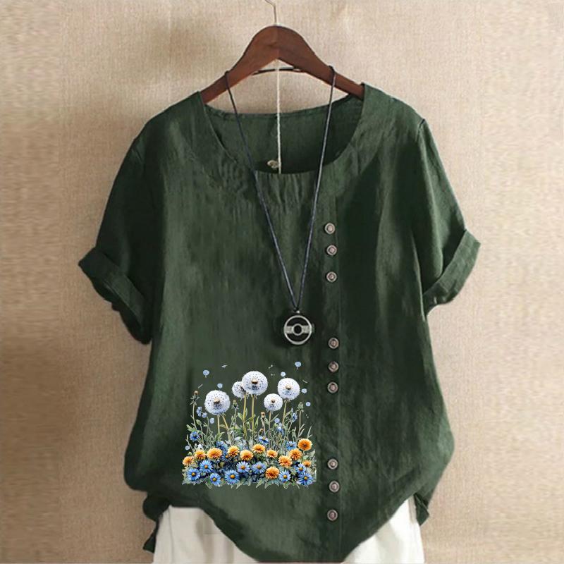 Women's Fashion Flower Cluster Prined Short Sleeve T-shirt Loose Cotton Shirt Casual Loose Summer Blouse Tops Plus Size