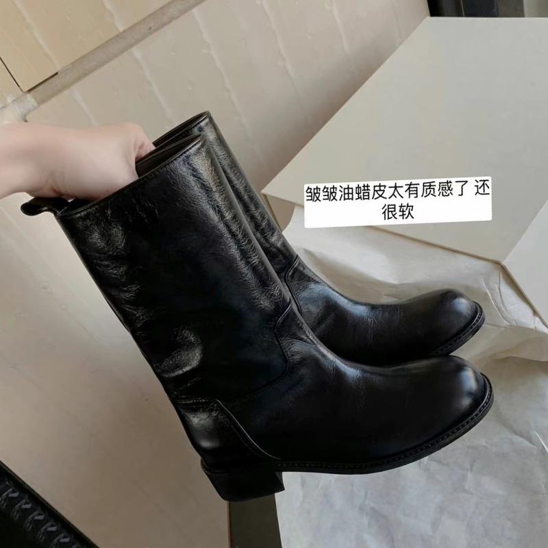 Classic Bla Leather Western Boots Women's Chunky Heel Slimming Ort Boots Briti Sle Spring Autumn Season