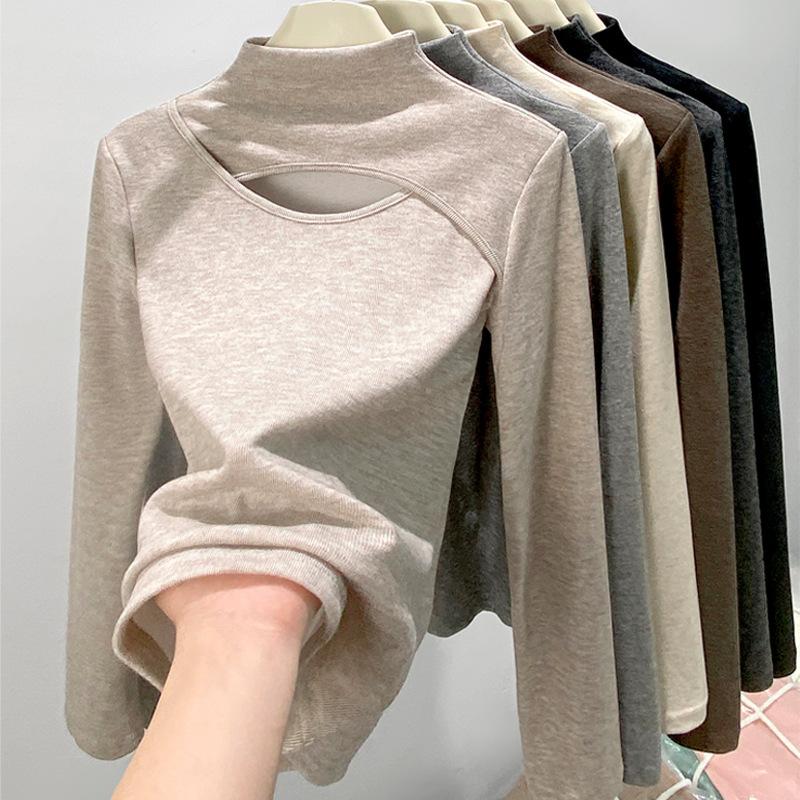 Splicing Hole Digging Autumn and Winter New Careful Machine Base Shirt Women's Half-Turtleneck Cutout Babes Design Sense Long Sleeve Women