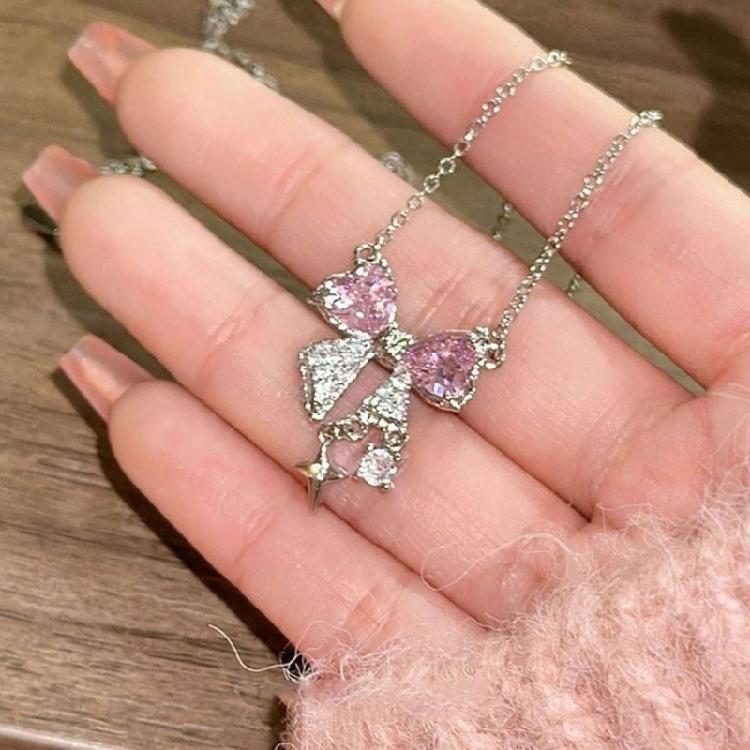Delicate Pink Bowknot Pendant Necklace Zinc Alloy Texture Chain Necklace for Women Clavicle Birthday Party Anniversary
