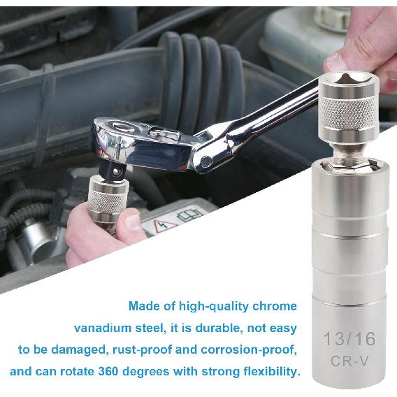 13/16" Spark Plug Socket Set,Thin Walled Magnetic Spark Plug Socket,Car Accessories Universal Joint 3/8" Drive 12 Point Swivel Socket Removal Tool