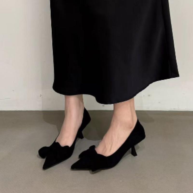 French Pointed-toe Bow Suede Single Shoe for Women 2025 New Style Slim Heel Versatile and Elegant Commuting Single Shoe