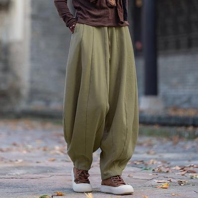 Women Vintage Bloomers Pants Solid Color Loose Trousers Winter Elastic Waist Chinese Style Pants