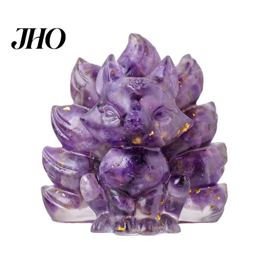 Desktop Fox Figurine Natural Stone Nine-tailed Foxes Positive Healing Energy Hand-carved Colorful Faux Ornament Crystal Sitting Animal Statue