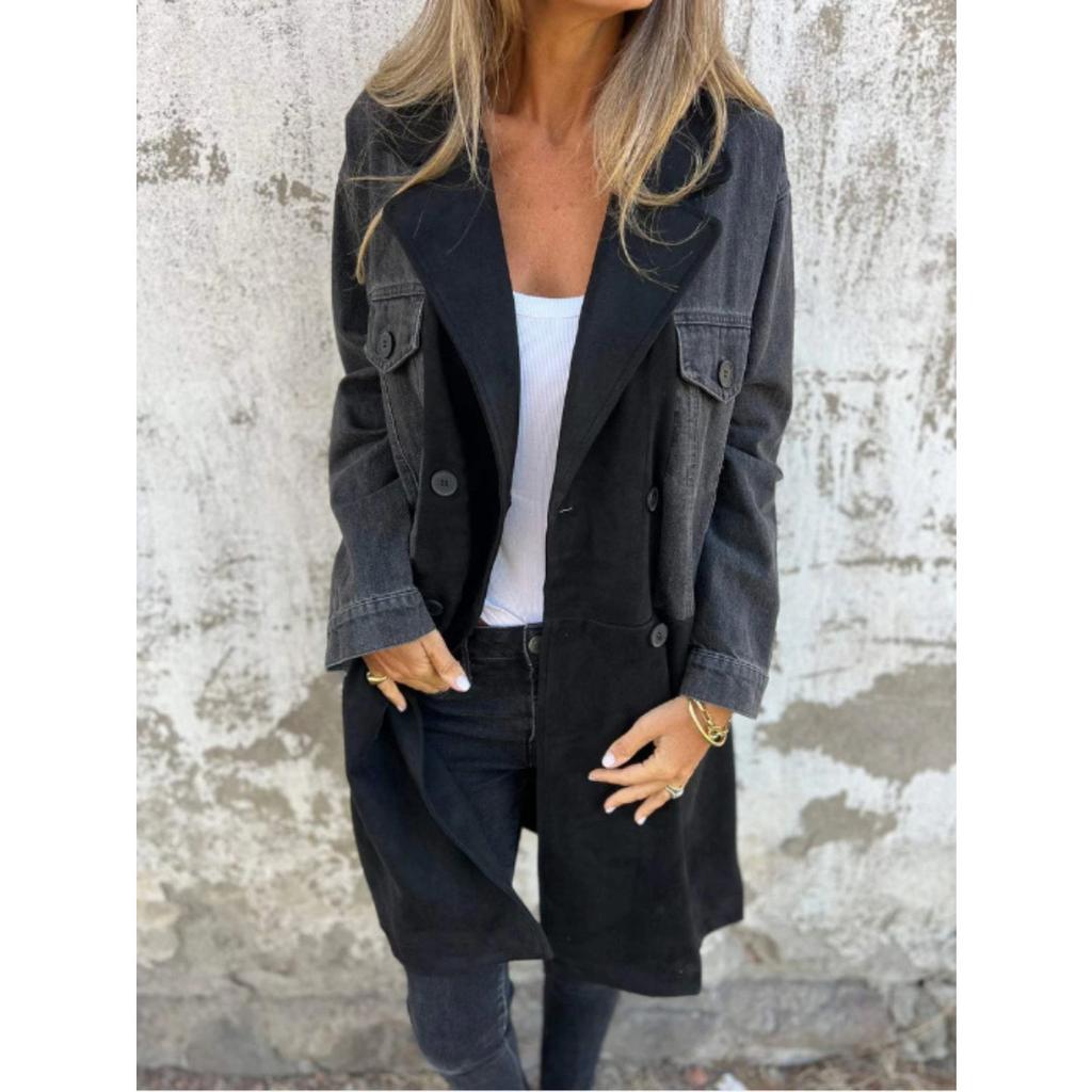 Women's Notched Lapel Long Sleeve Denim Jacket Loose Fit Streetwear Trench Coat