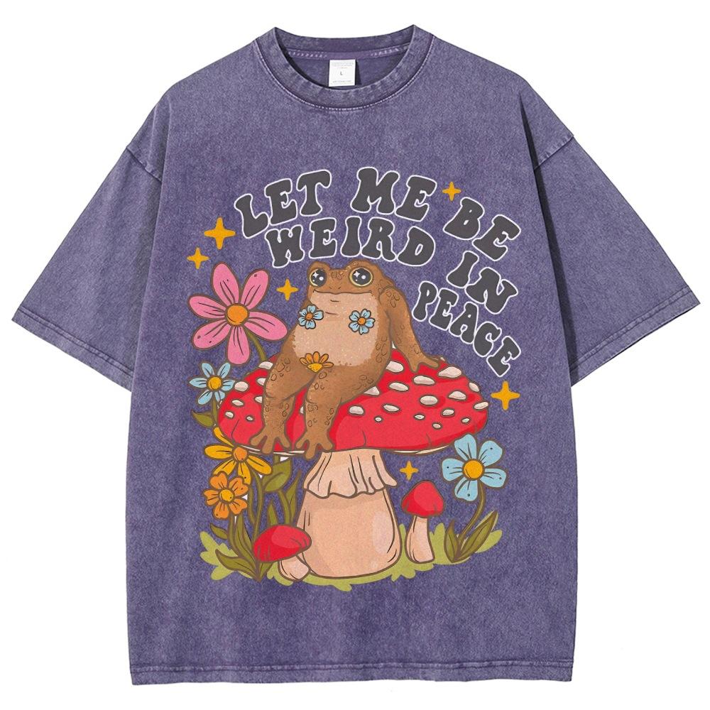 Lazy Cute Frog Mushroom Flower Print T-Shirt Retro Washed De