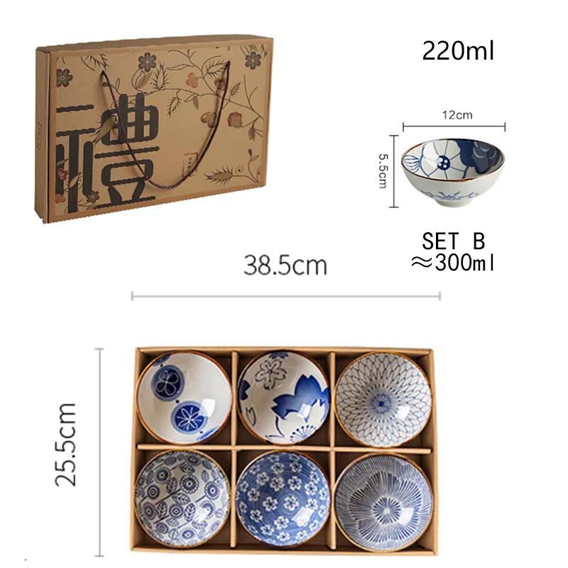 6pcs Japanese Ceramic Cereal Bowl Set Dessert Salad Snack Bowl Kitchen Noodle Bowl Tableware Set Microwave Safe Gift Box
