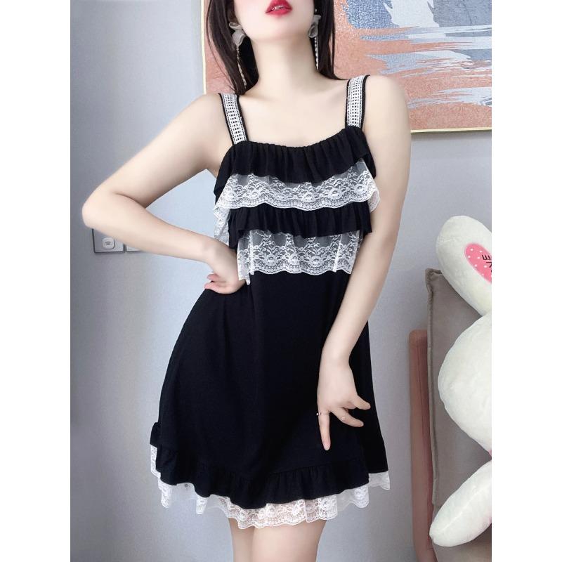 Women s Minimalist Aesthetic Lace Ruffle Trim Casual Nightdress M чёрный