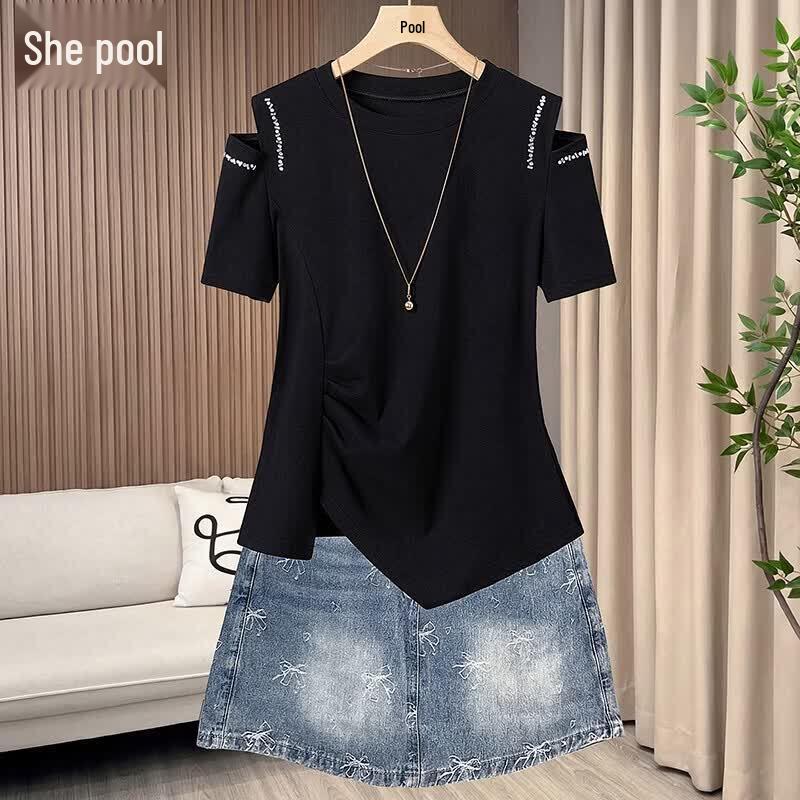Women s Rhinestone Off-Shoulder Asymmetric Ruched T-Shirt S